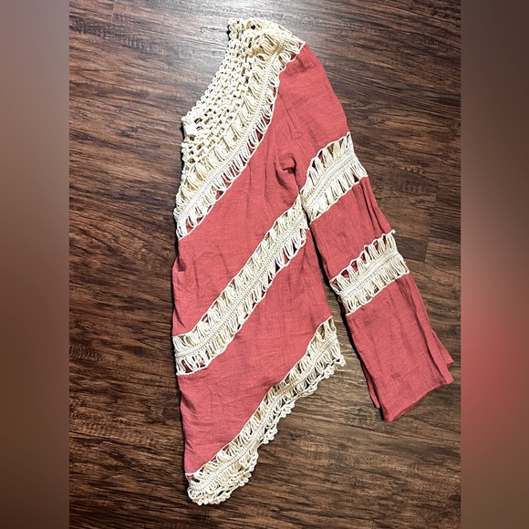 Umgee Boho Tiered Crochet Macrame Popover Long sleeve Tunic. Orange/Tan, Sz LG - Picture 3 of 6